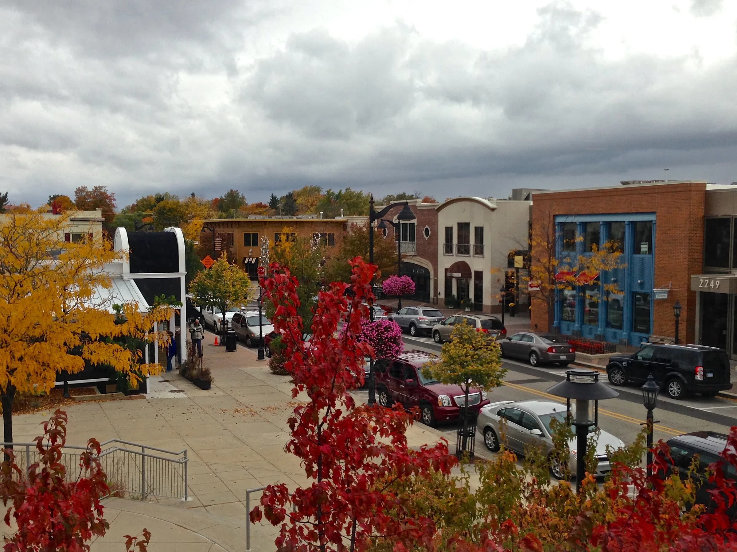 Elevated view over a two-storey brick and stucco shopping street, cars angled into kerbside bays, a bright yellow tree and a scarlet maple filling the foreground under a heavy grey sky.