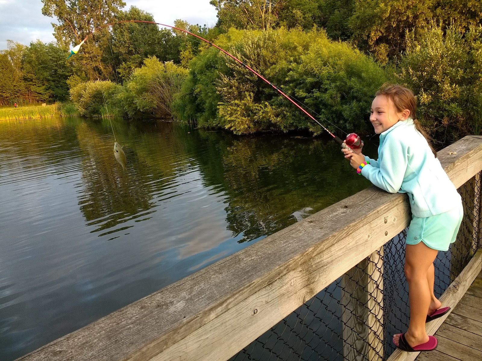 A child in a pale blue dress leaning on a timber handrail with a fishing rod, looking down into green water, with a wooded bank filling the far side of the frame.