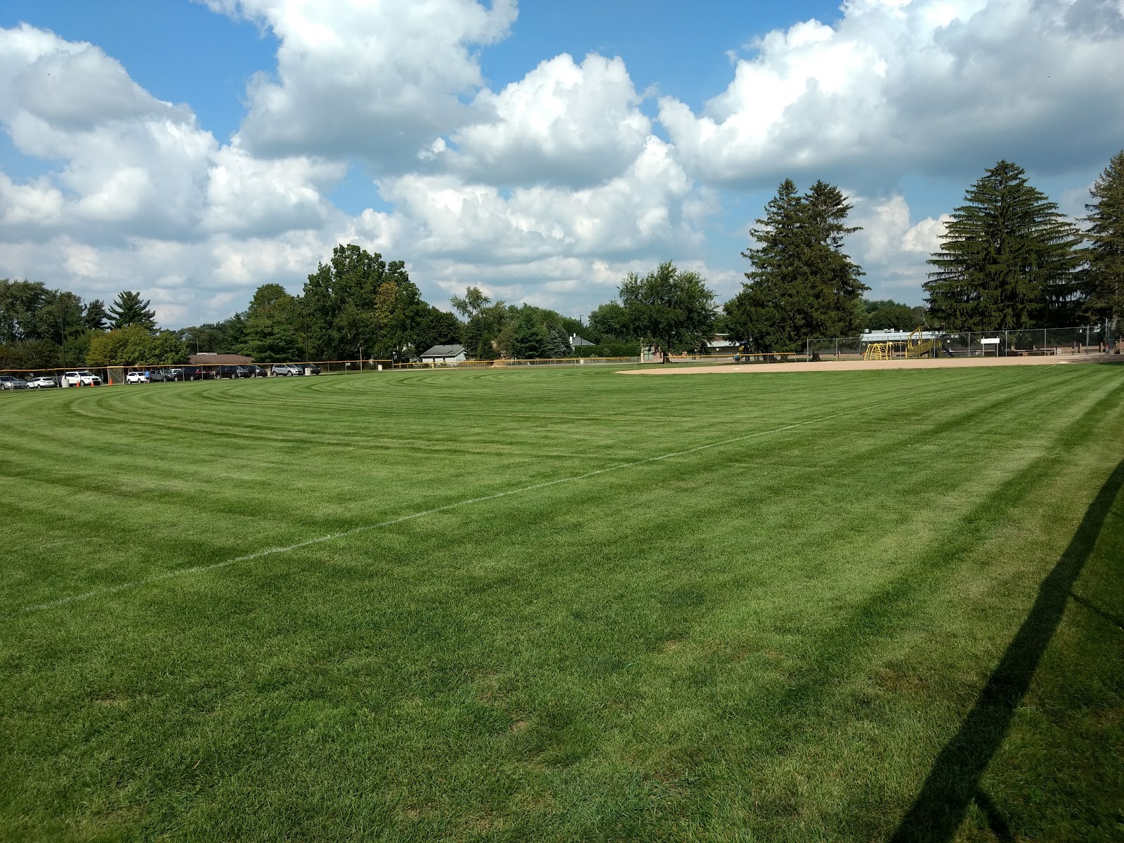 A broad mown field running back to a line of mature trees and a row of dark conifers, with a bank of cumulus building over them.