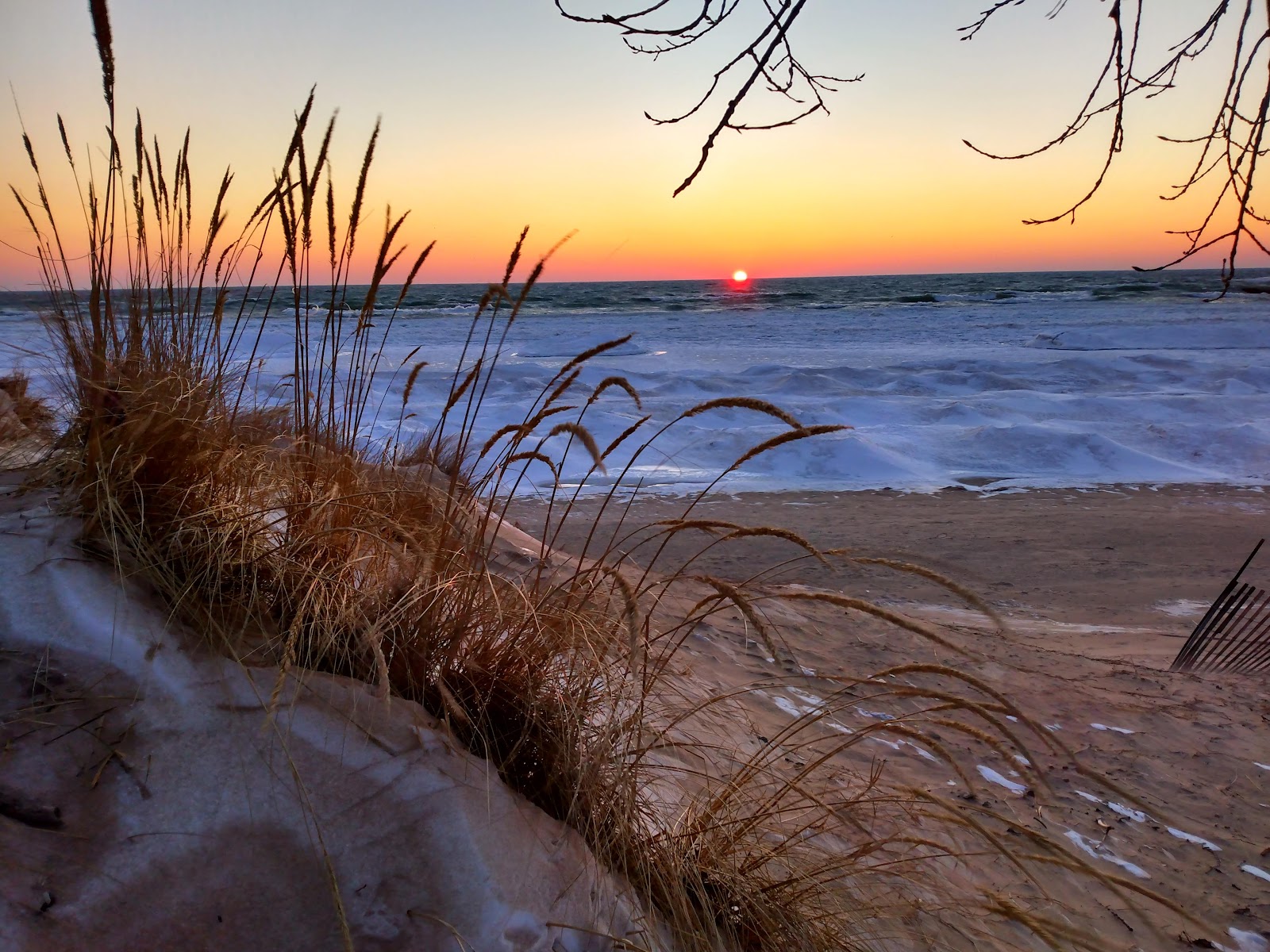 The sun dropping to a flat lake horizon seen from the top of a sandy dune, marram grass and bare branches framing the foreground in silhouette.