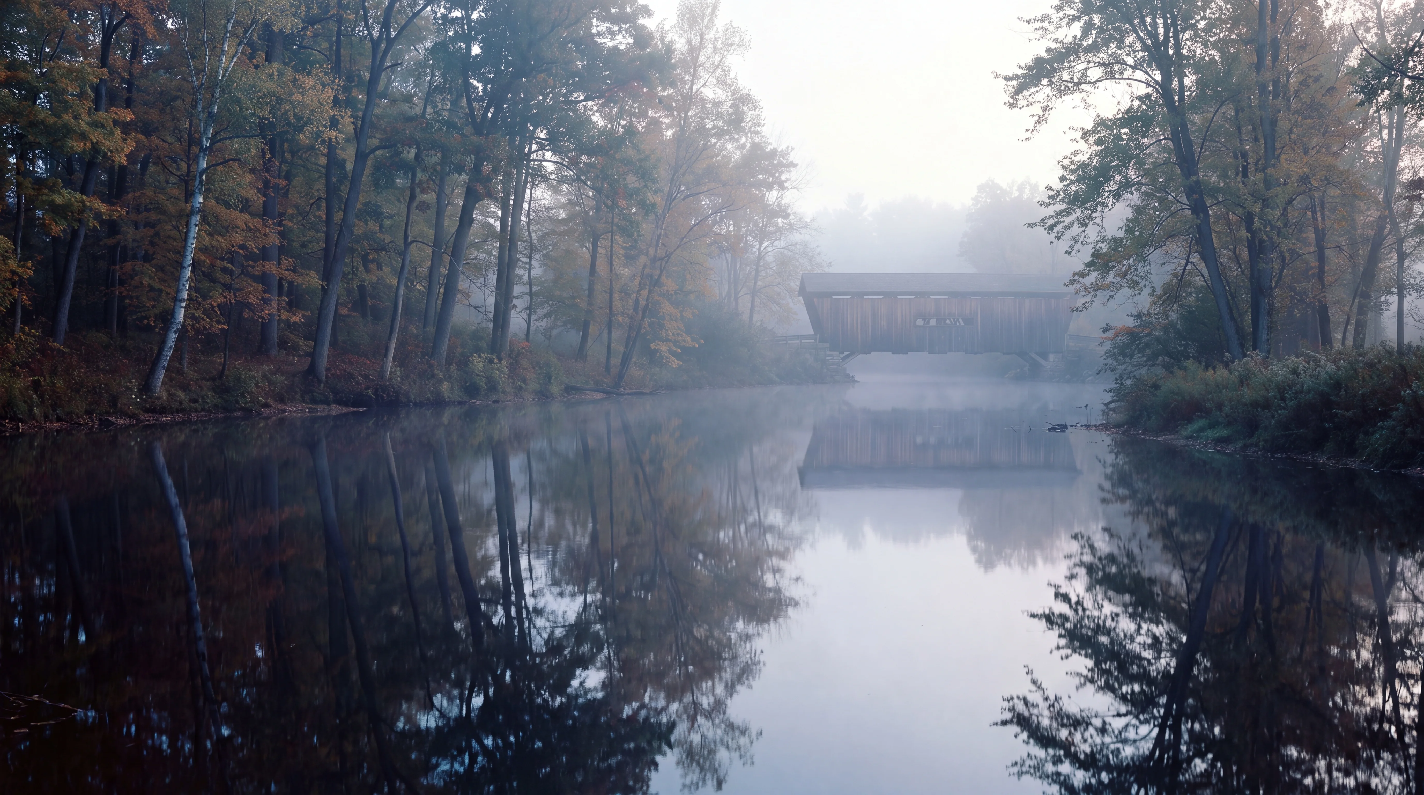 A wooded West Michigan river bend in morning mist