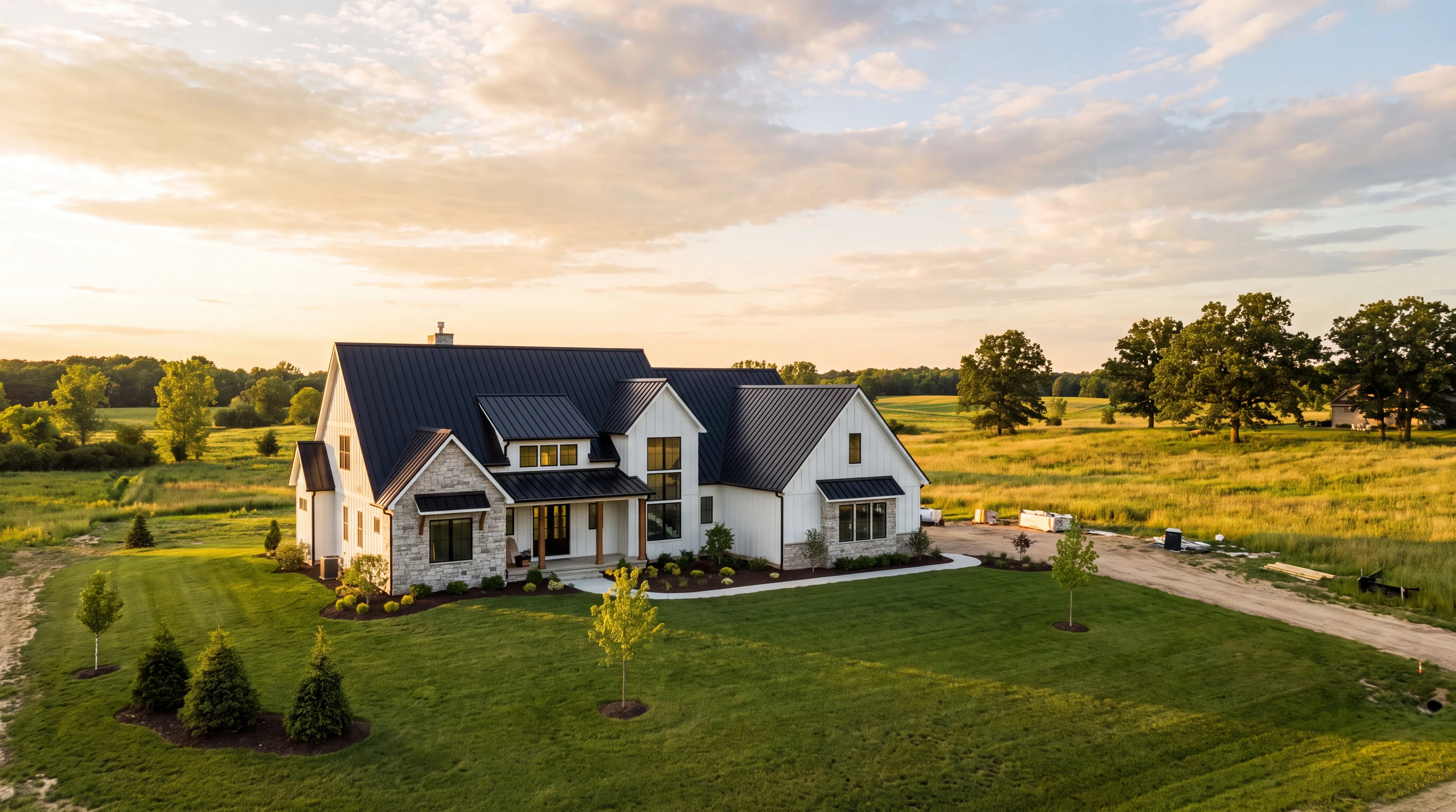 New luxury construction on open West Michigan land at golden hour