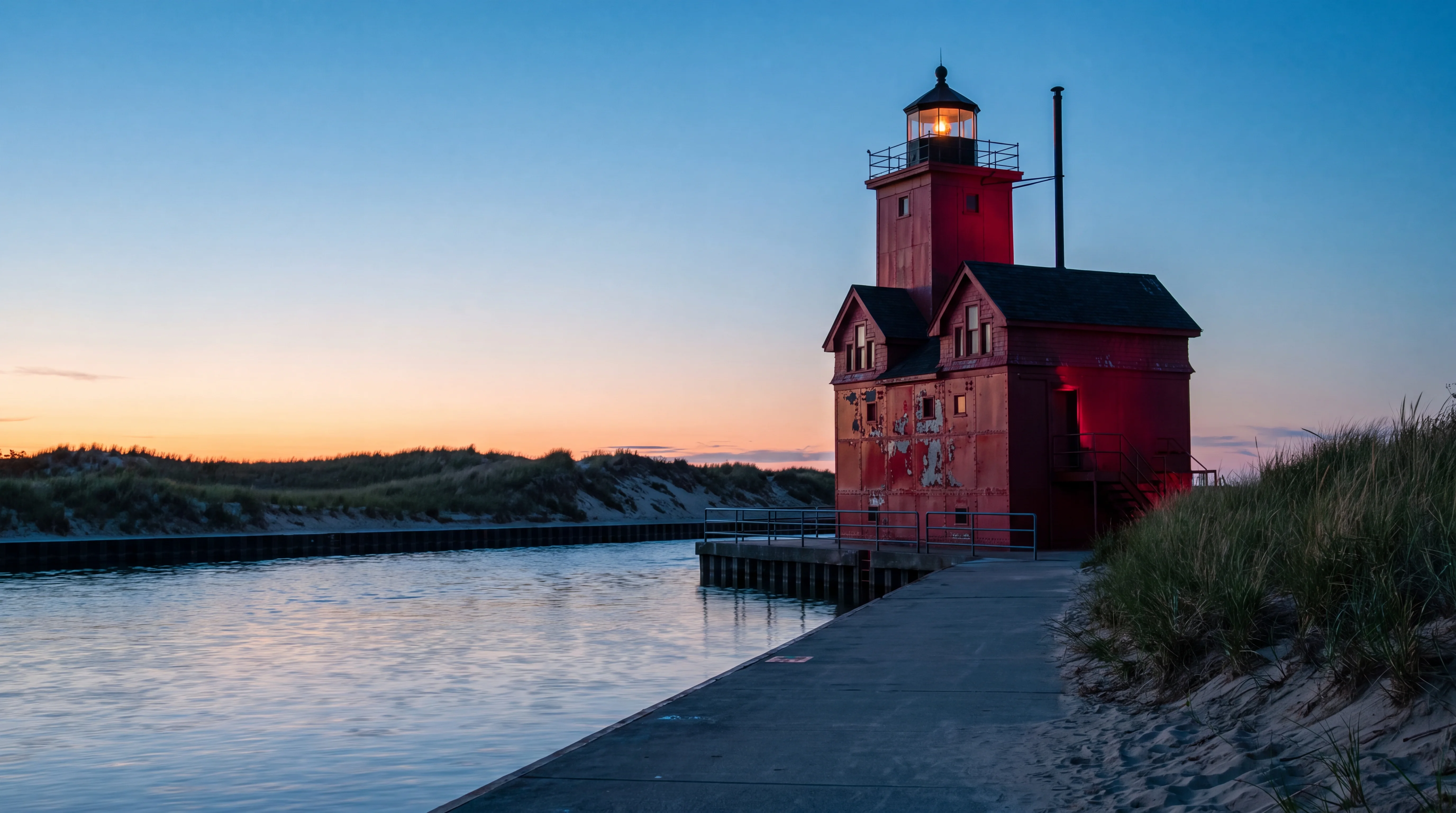 A red lighthouse on a Lake Michigan channel at early evening