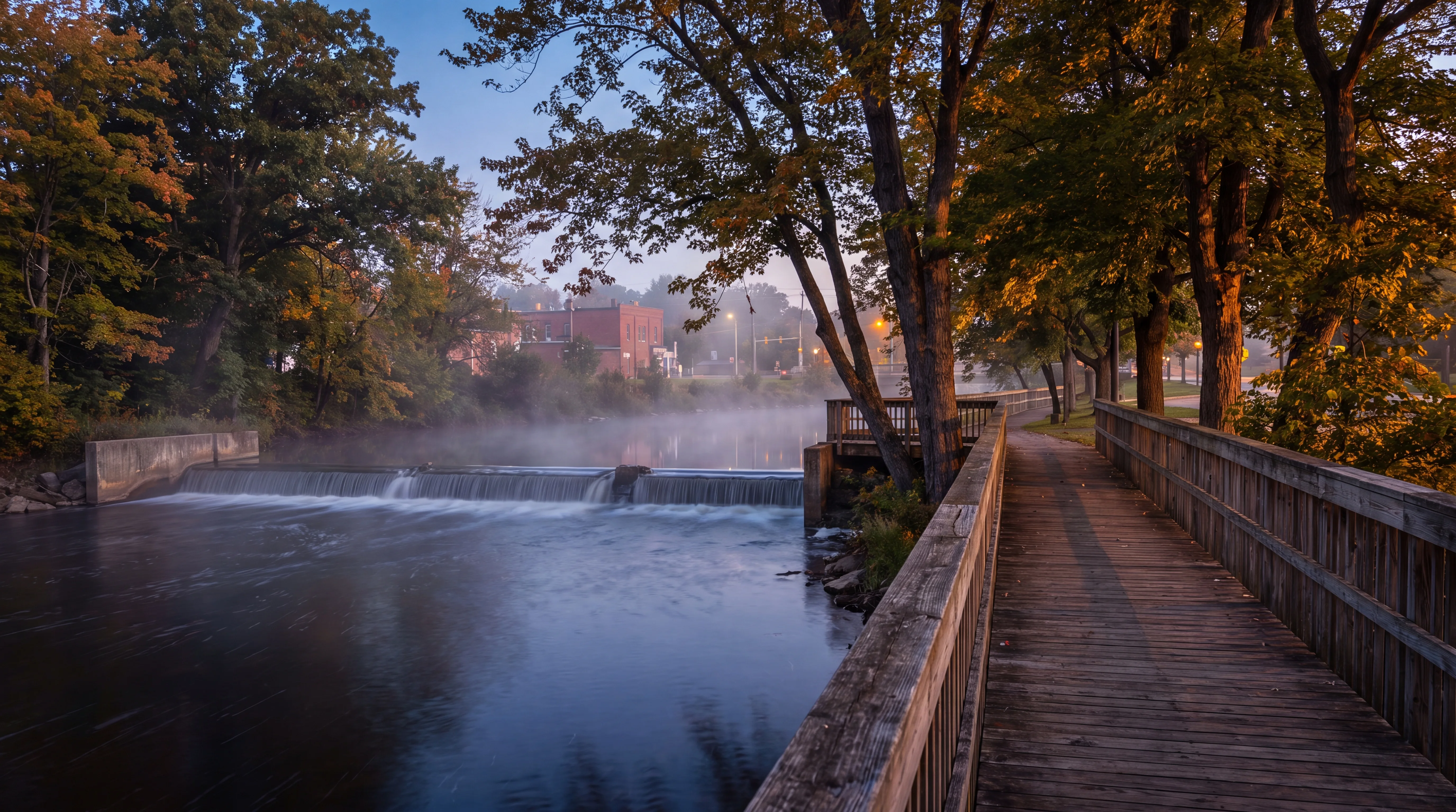 A river running over a low dam beside a wooded boardwalk at dusk