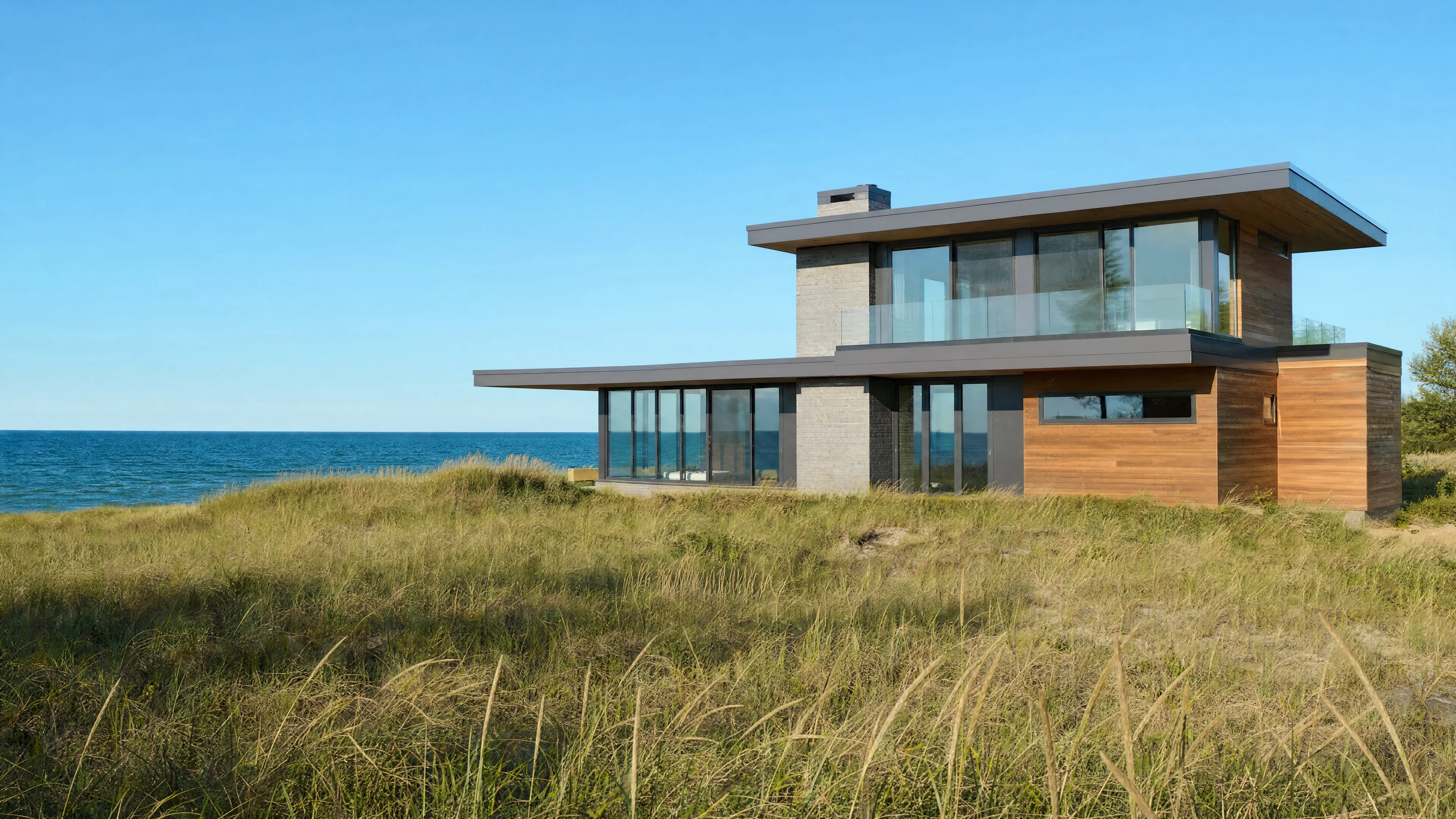 A cedar-and-glass house standing in Lake Michigan dune grass