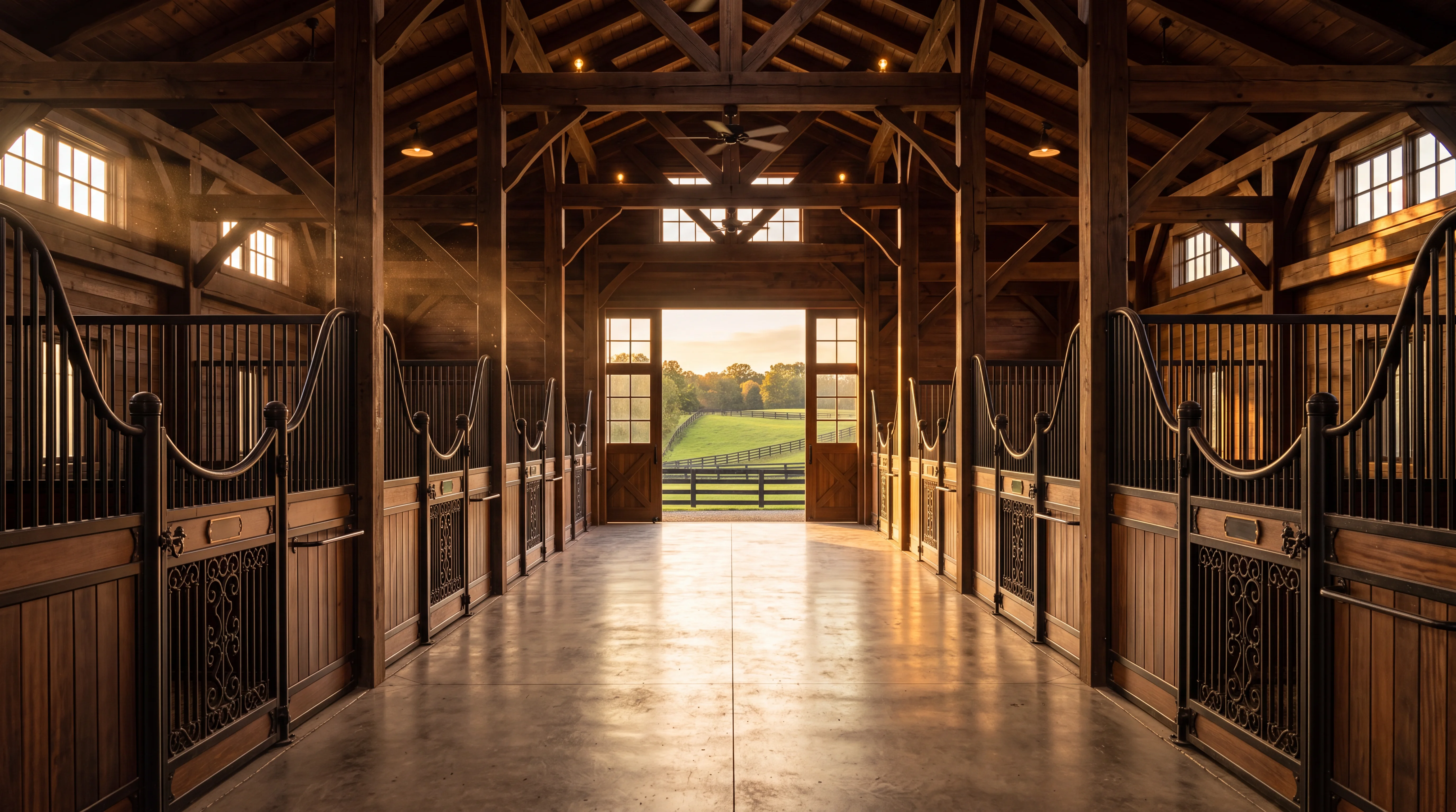 The aisle of a high-end equestrian barn opening onto fenced paddocks