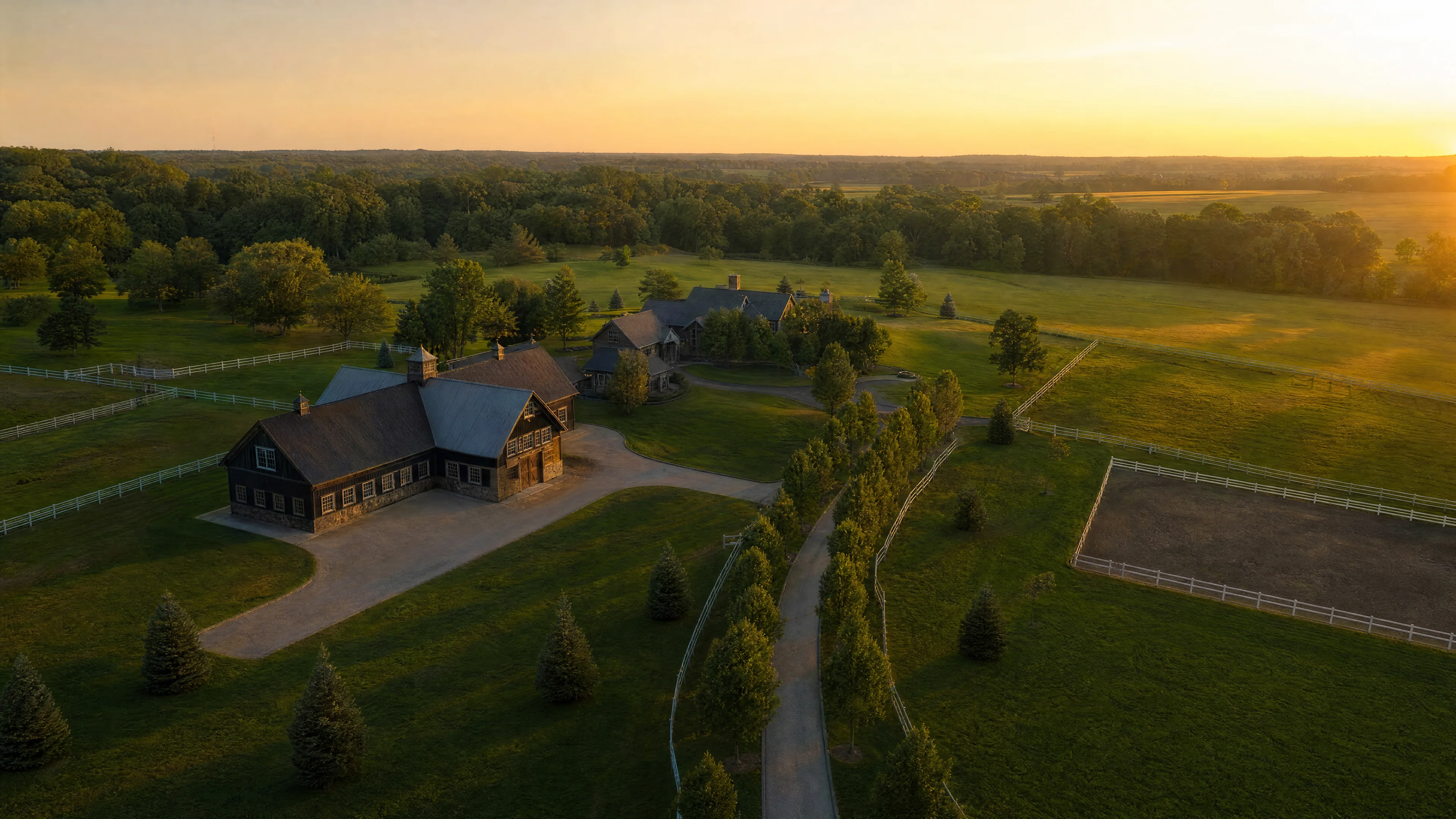 Golden hour aerial of a West Michigan estate