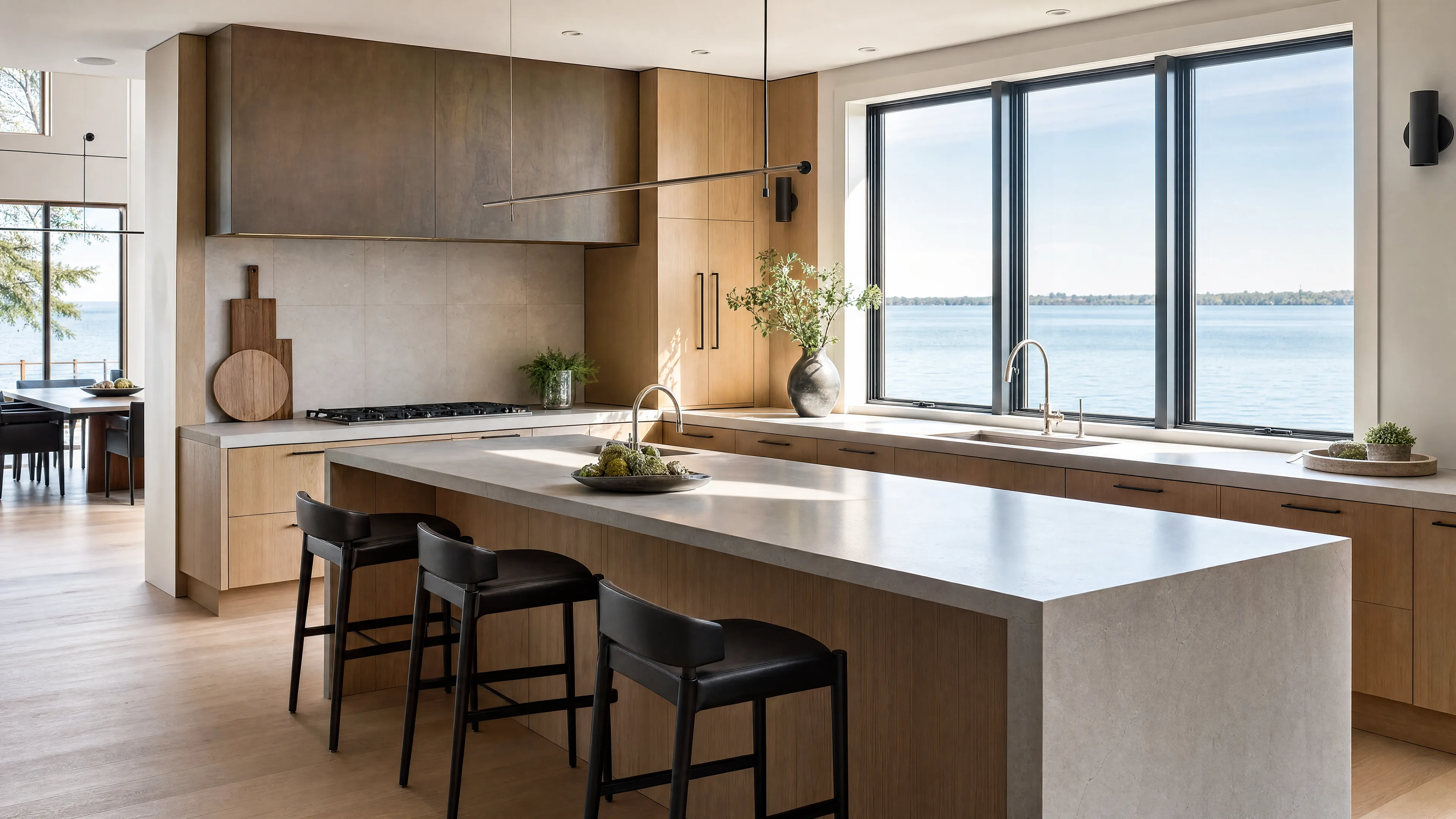 A lakeside kitchen in low evening light