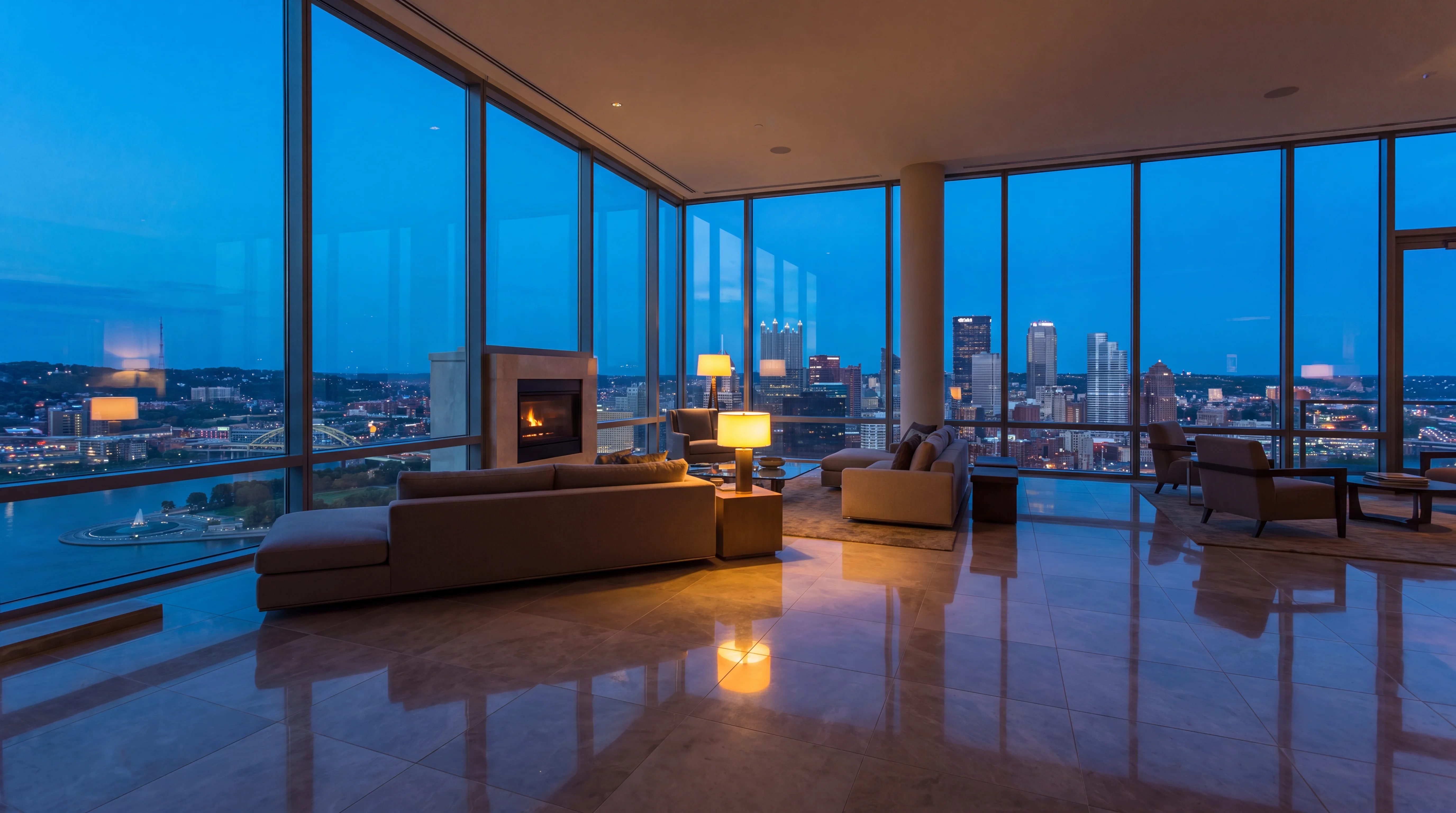 A top-floor penthouse interior at blue hour over a city skyline