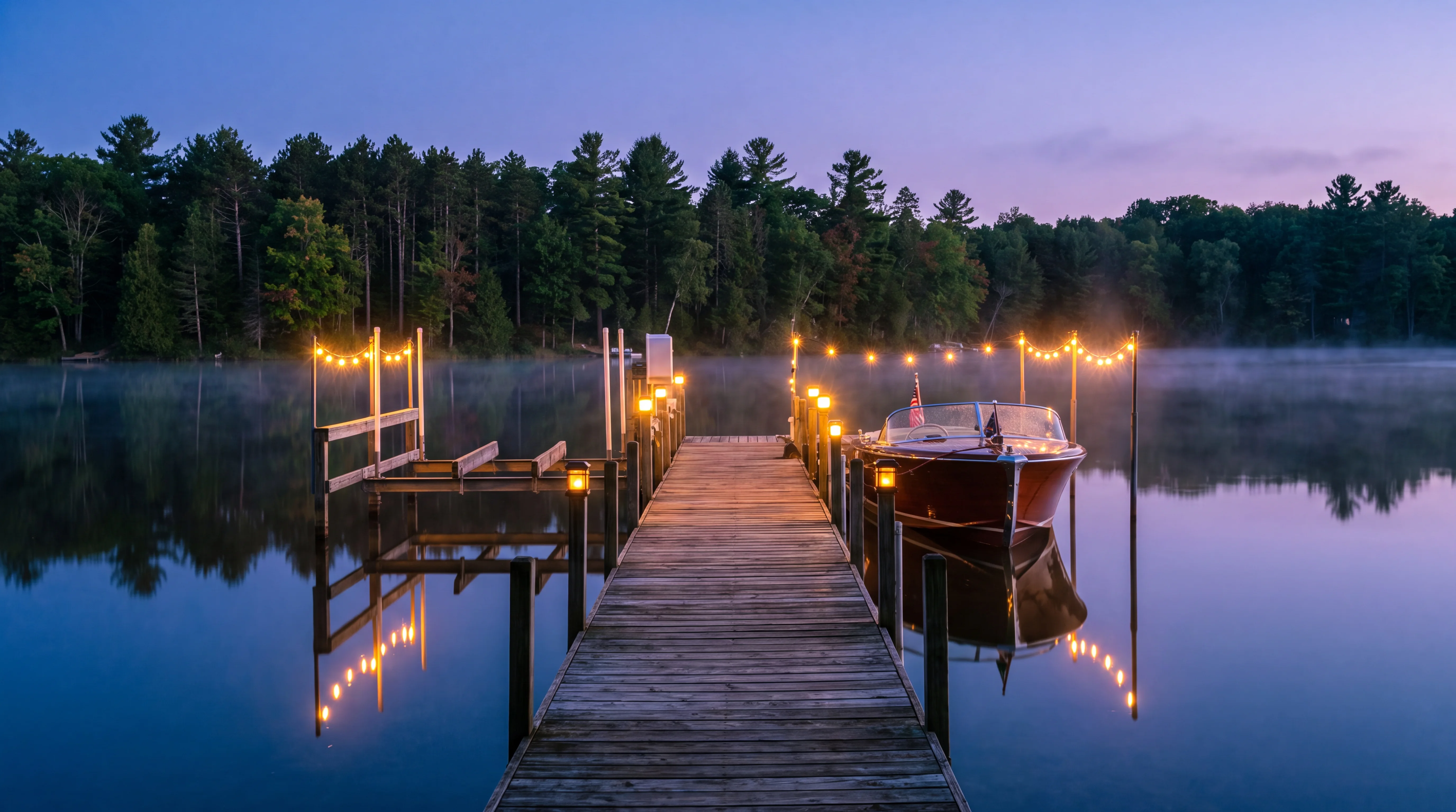 A private dock reaching into a calm West Michigan lake at dusk