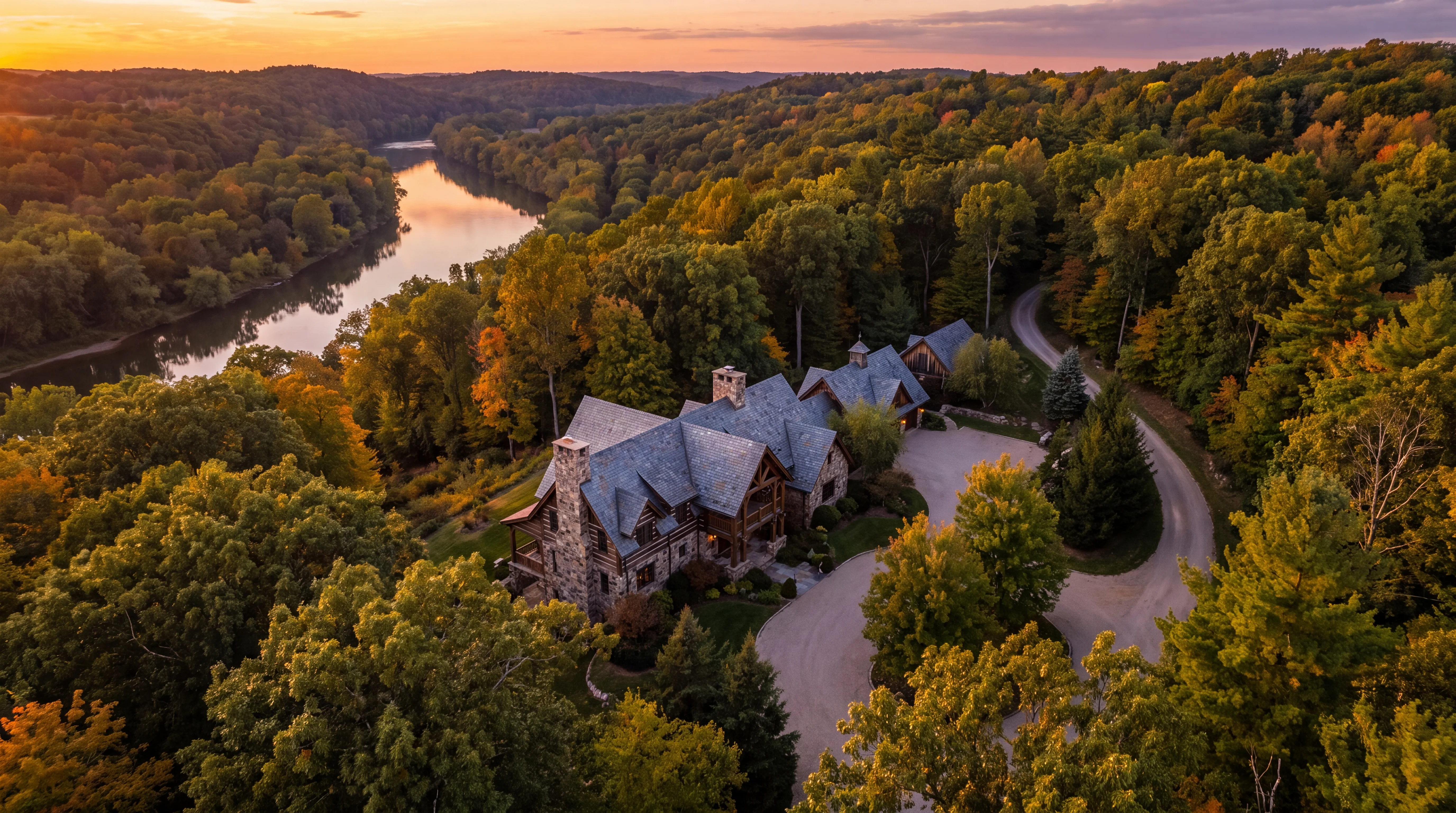 A stone and timber estate on wooded acreage above a river