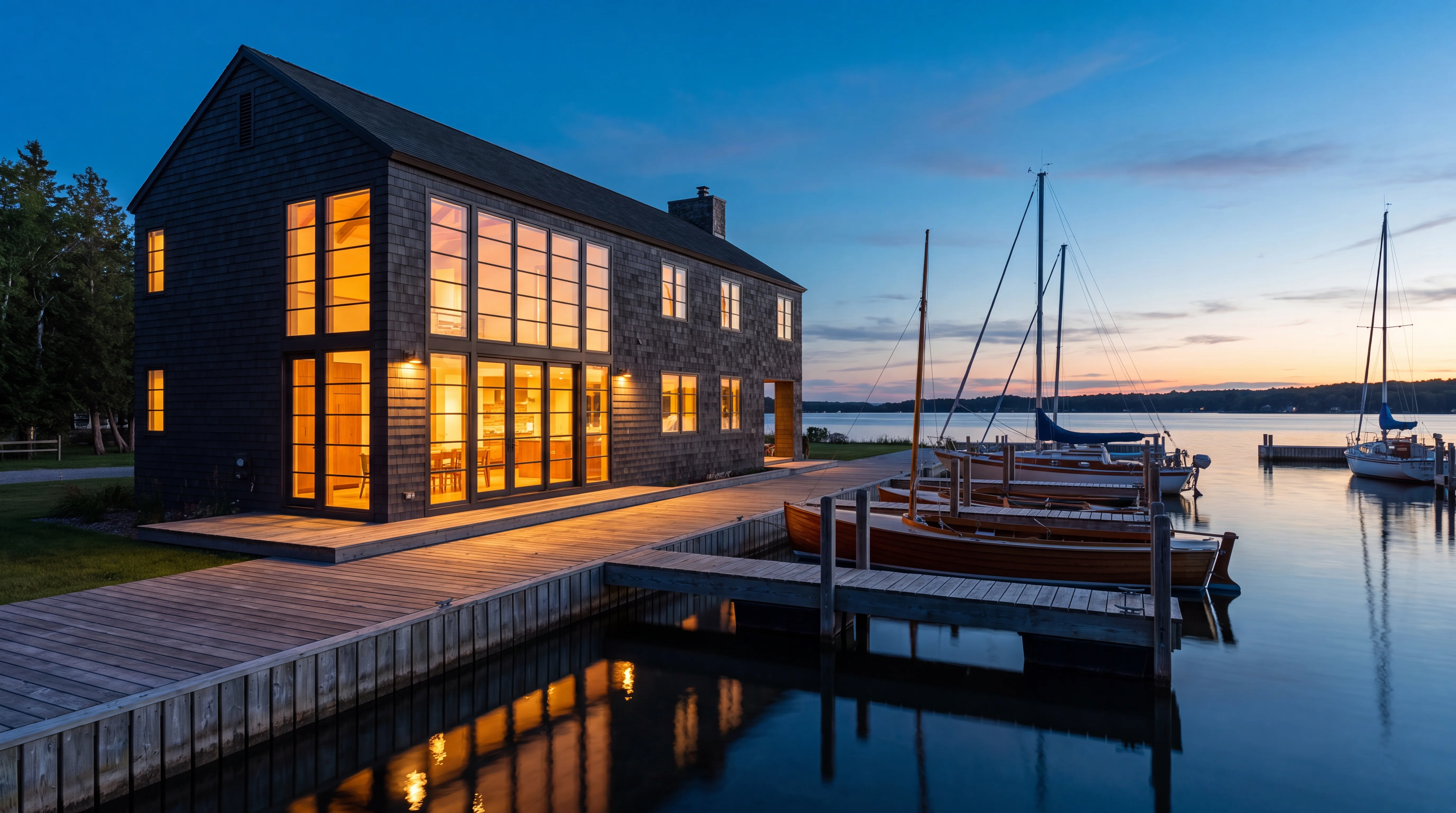 A harbour-side residence with boats in slips just beyond