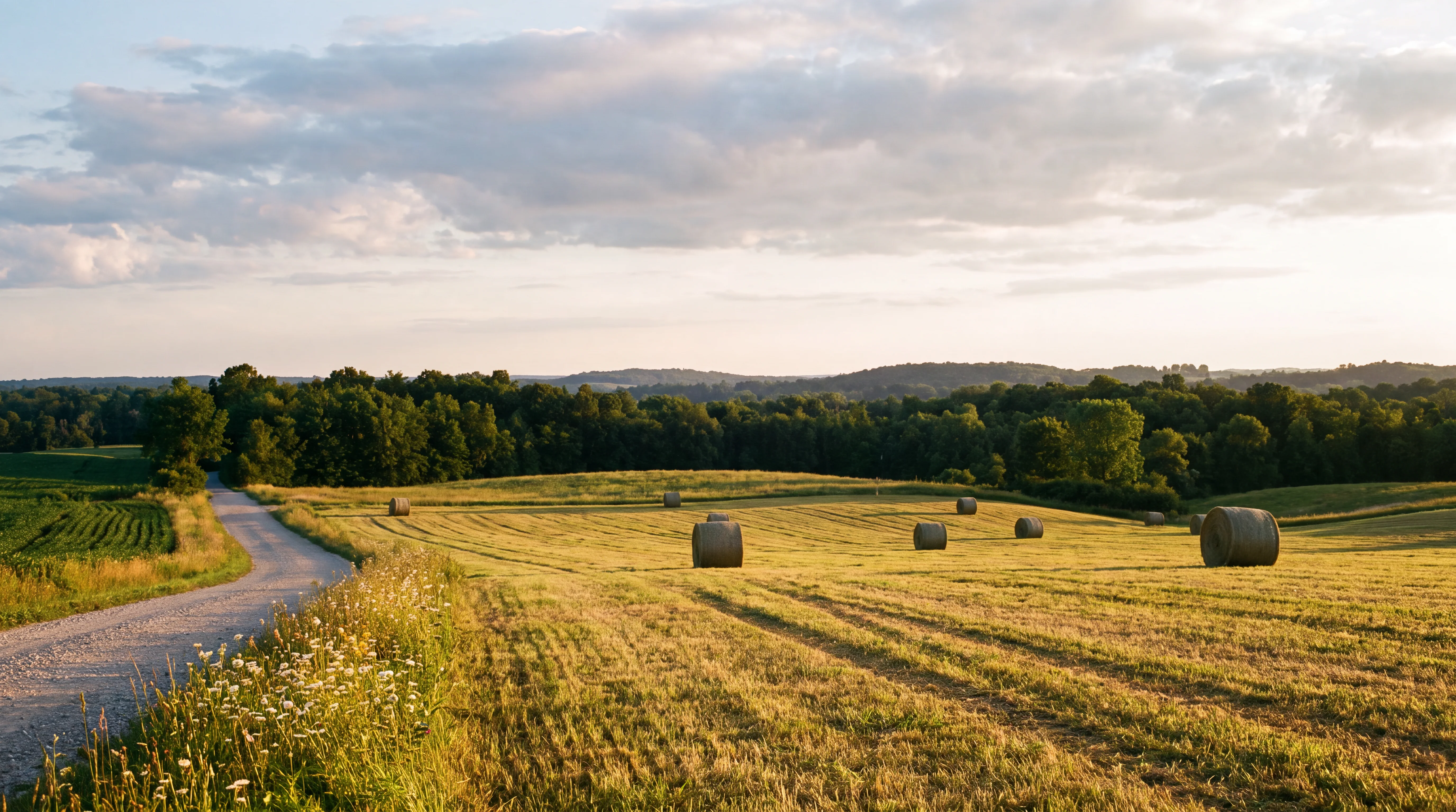 Open rolling West Michigan farmland at golden hour