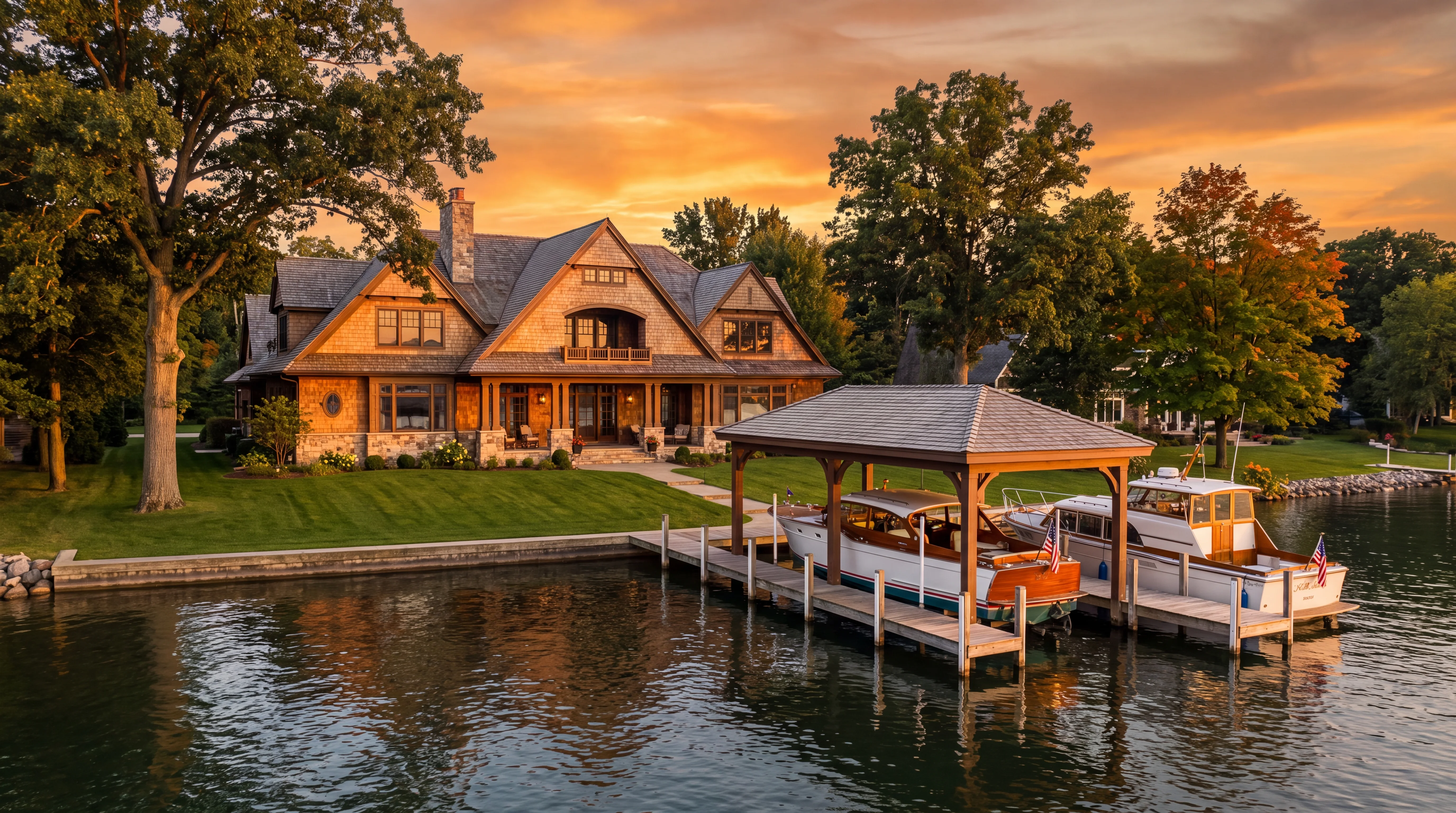 A shingled lake house with a long private dock and covered boat lift
