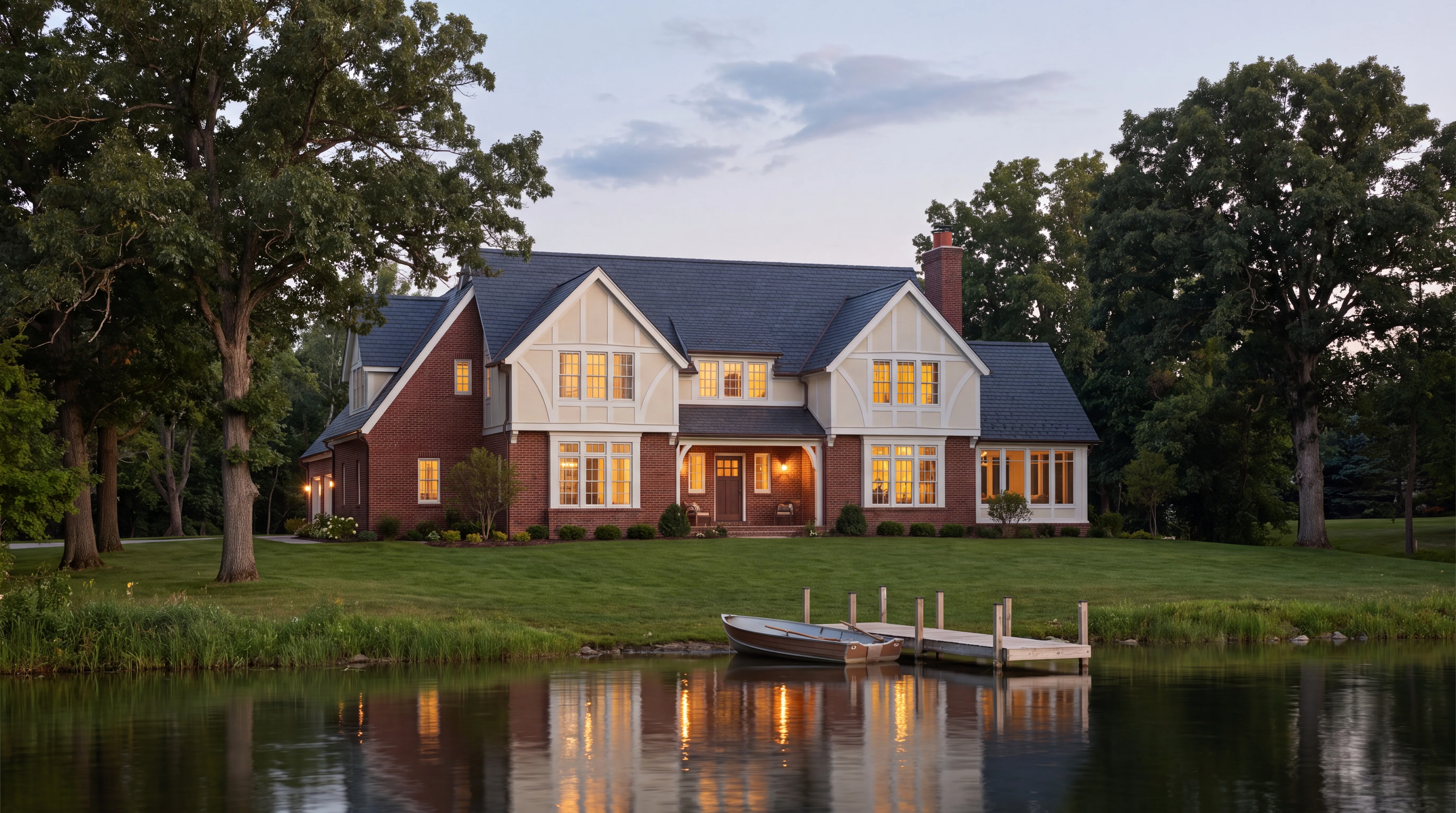 A restored 1920s house facing a calm inland lake at early evening