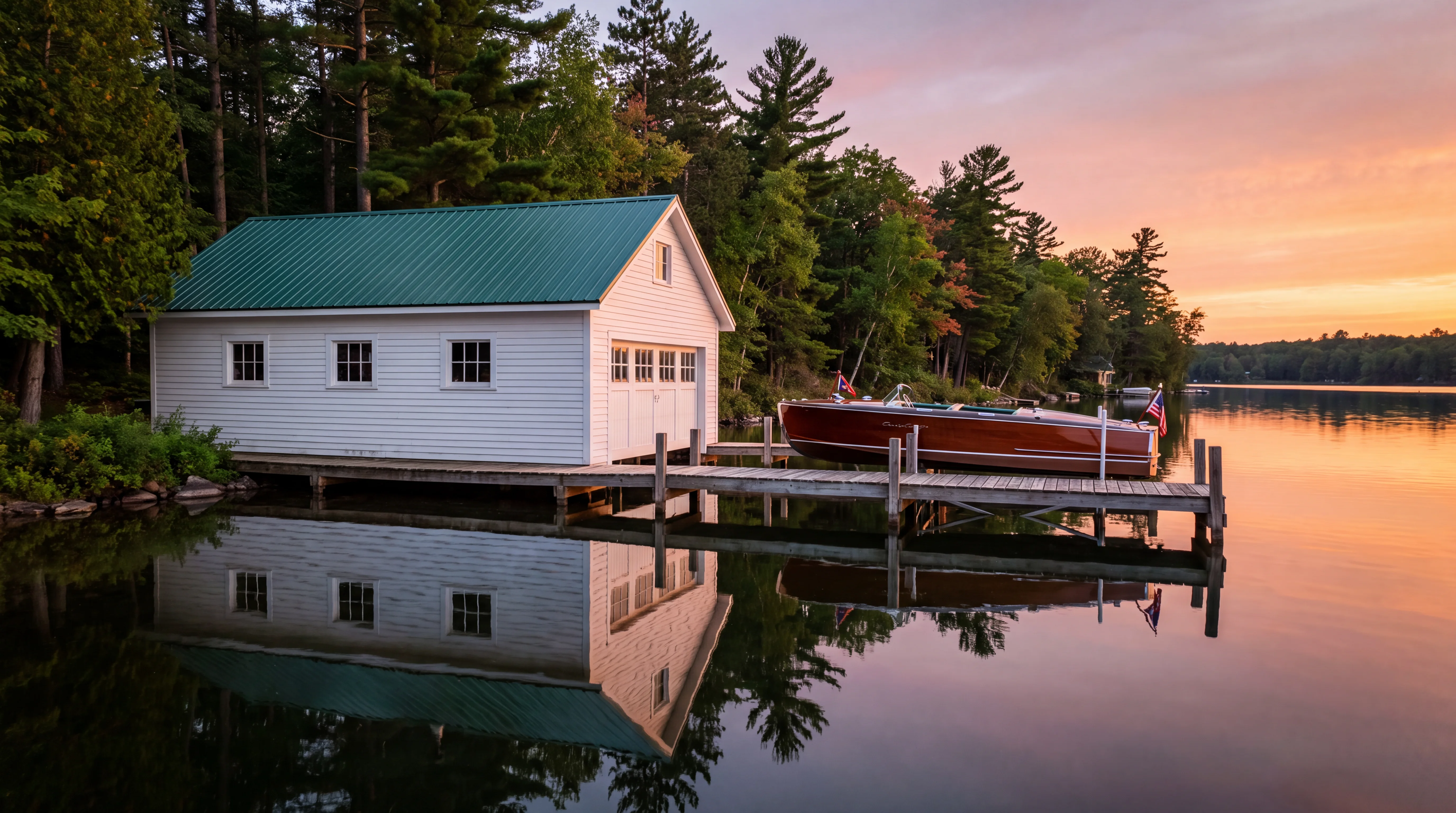 A classic white boathouse at the edge of a calm inland lake at dusk